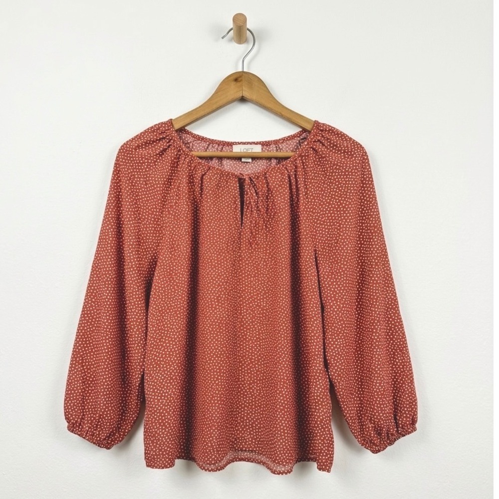 LOFT Boho Rust Orange Polka Dot Peasant Top Balloon Sleeve Cottagecore Small